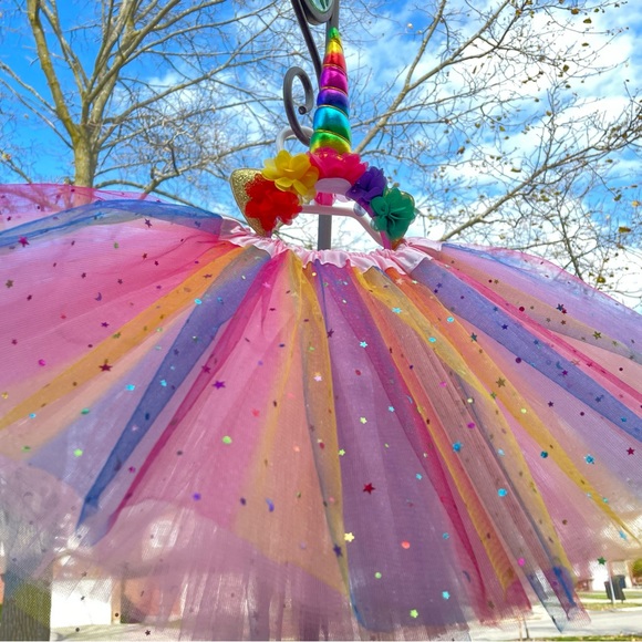 2 pcs set NEW Unicorn tutu hair band set 4 fully layer sparkle rainbow tutu - Picture 5 of 6